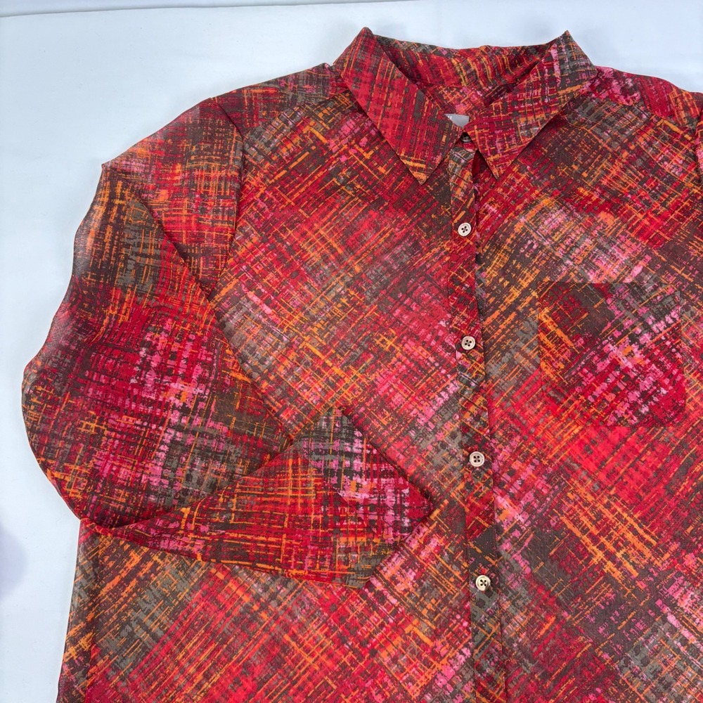 J. Jill Women's Red Orange Abstract Sheer Button Down Long Sleeve Shirt Size L